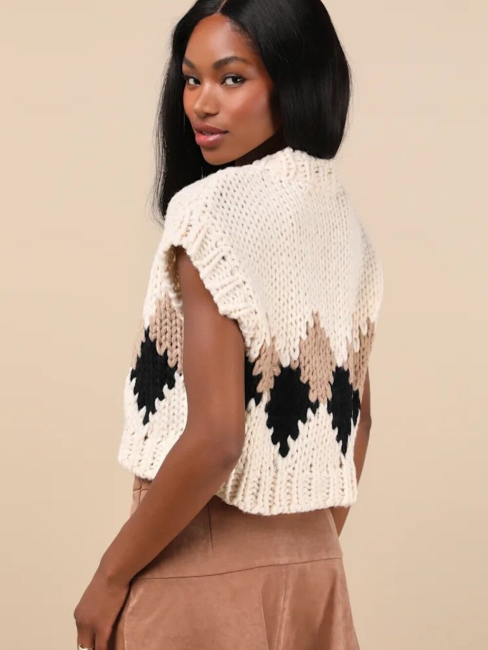 Lulus Notably Cozy Ivory and Brown Button-Up Sweater Vest - Picture 3 of 6